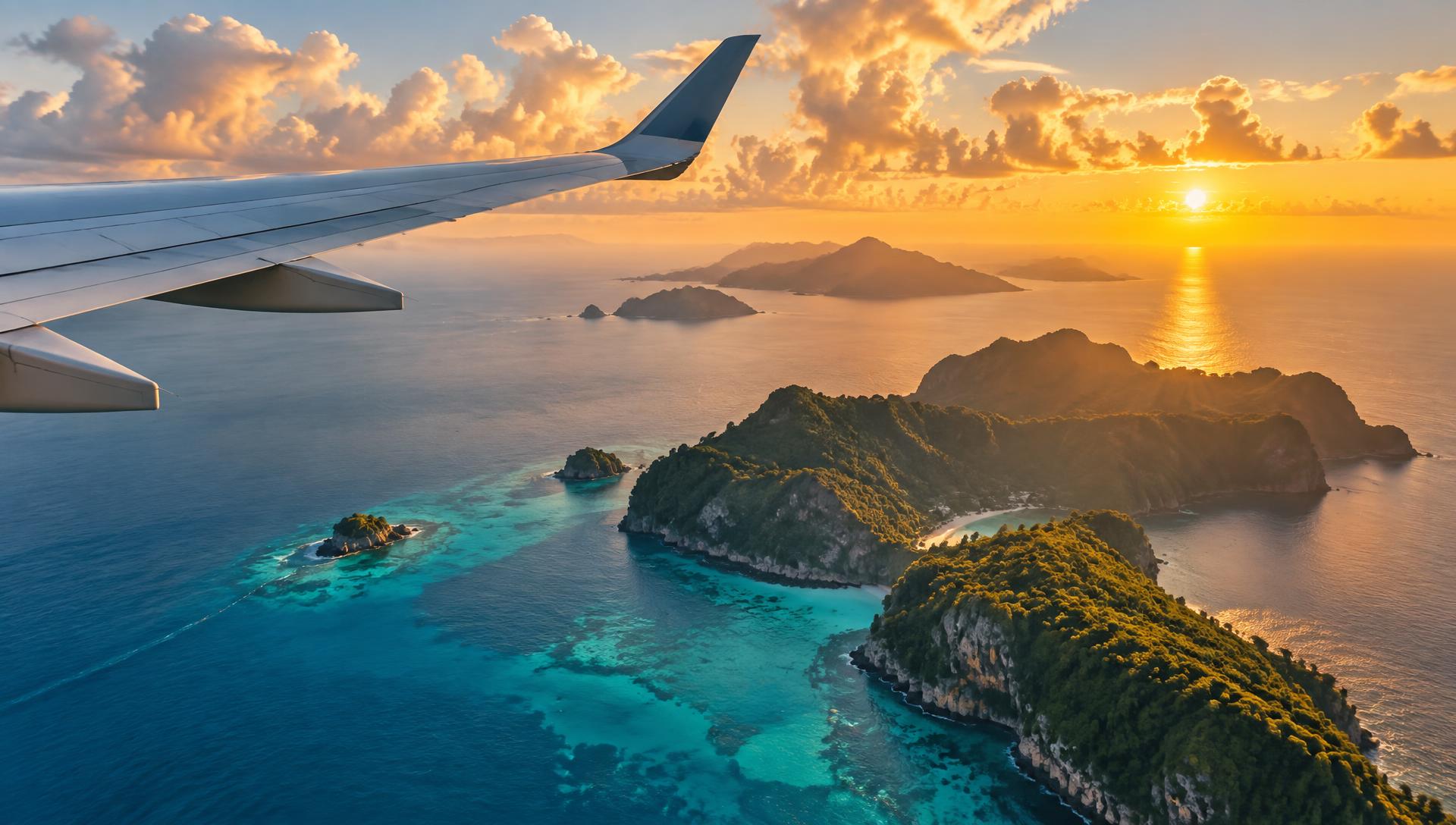 Vista del ala de un avión sobre islas y mar al atardecer
